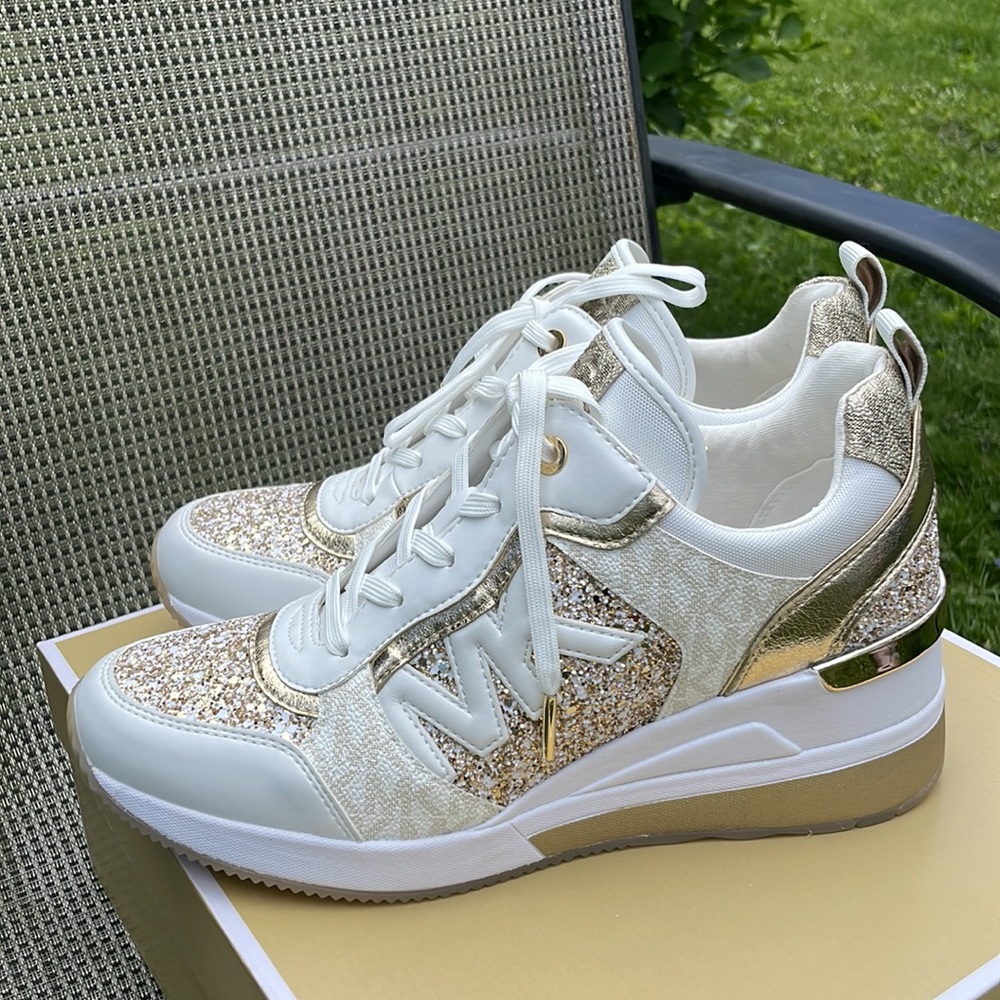 Michael Kors Crysta trainer pale gold chunky glitter wedge shoes sneakers 9.5 - Picture 10 of 10